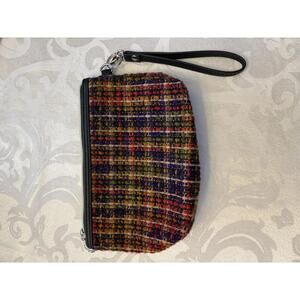 Adorable multi colored tweed handbag with black wristlet strap
